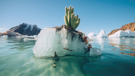 a cactus growing on an iceberg in waterの素材