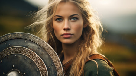 a woman holding a shieldの素材