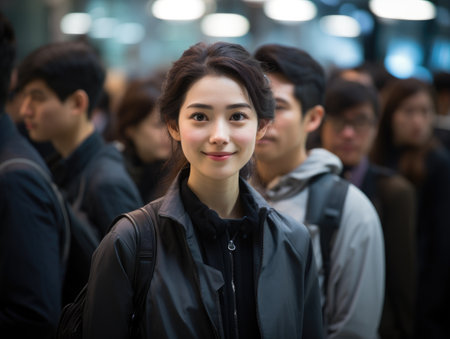 a woman smiling in a crowdの素材