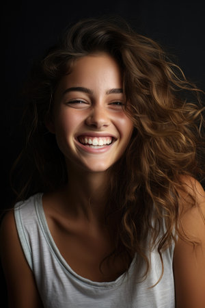 a woman smiling with her eyes closedの素材