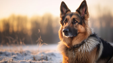 a dog sitting in the snowの素材
