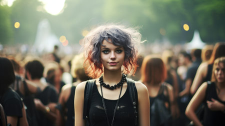 a woman with colorful hair standing in a crowdの素材