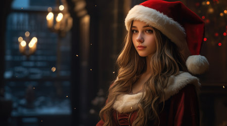 a woman wearing a santa hatの素材