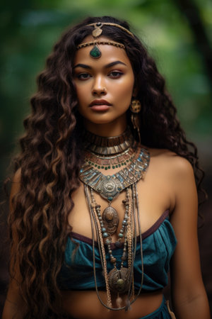 a woman with long curly hair and a necklaceの素材