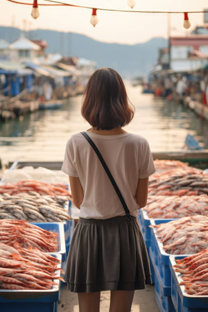 a woman standing in front of baskets of fishの素材