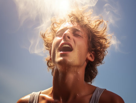 a man with his mouth open and smoke coming out of his mouthの素材