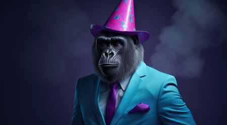 a gorilla wearing a suit and hatの素材