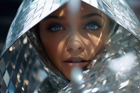 a woman wearing a shiny silver hoodの素材