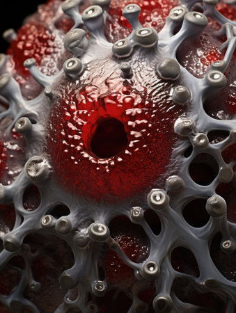 a close up of a red and white cellの素材