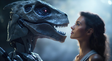 a woman looking at a dinosaurの素材