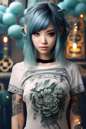 a woman with blue hair and tattoo on her faceの素材