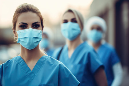 a group of women wearing surgical masksの素材