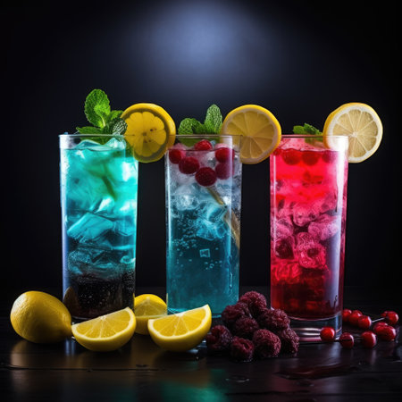 a group of drinks with fruit and berriesの素材