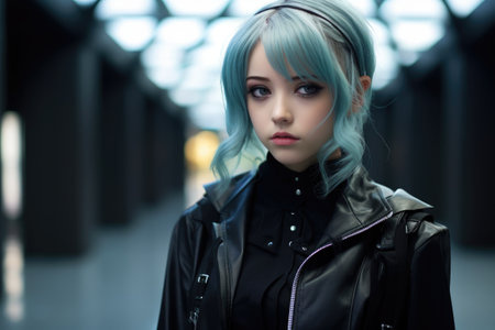 a woman with blue hair and black coatの素材
