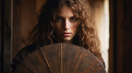 a woman holding a round objectの素材