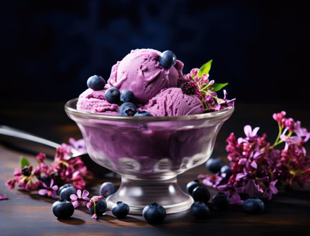 a bowl of ice cream with blueberries and flowersの素材