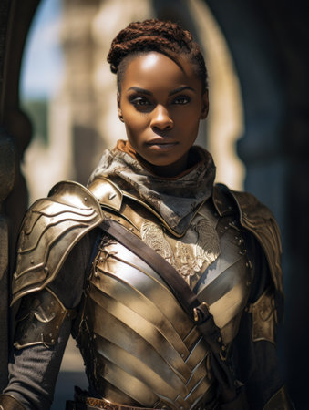 a woman in armor posing for a pictureの素材