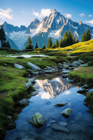 a stream in a valley with trees and mountains in the backgroundの素材