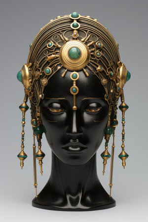 a black mannequin head with gold and green jewelryの素材