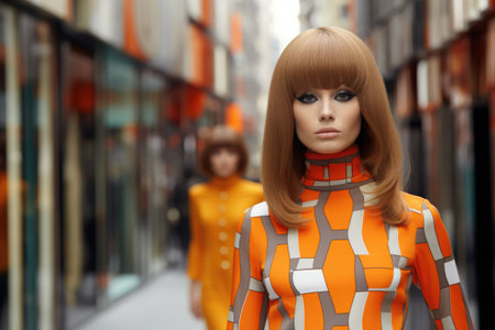 a woman with a wig and a woman in an orange dressの素材