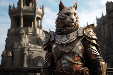 a cat in armor with a castle in the backgroundの素材
