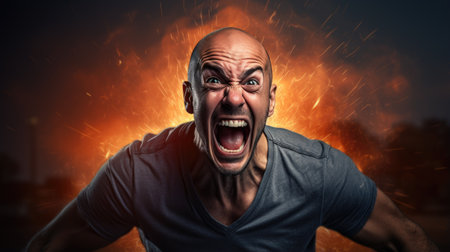 a man screaming in front of a fireの素材