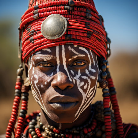 a man with white face paint and red headdressの素材