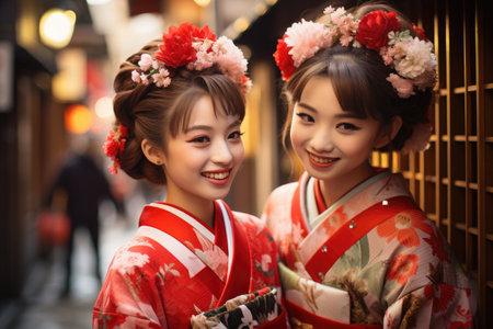 two women wearing traditional clothingの素材