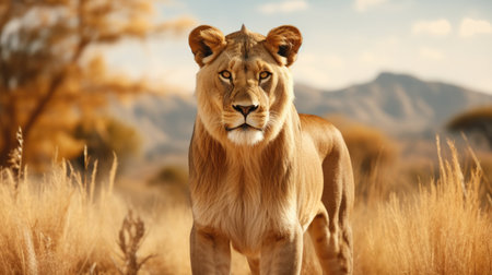 a lion standing in a fieldの素材