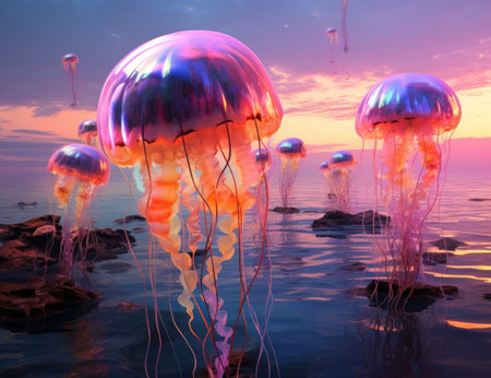 a group of jellyfish in waterの素材