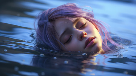 a woman lying in water with her eyes closedの素材