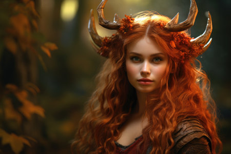 a woman with horns and flowers in her hairの素材