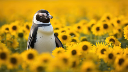 a penguin standing in a field of yellow flowersの素材