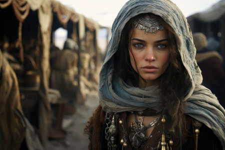 a woman wearing a head scarf and a scarf around her headの素材