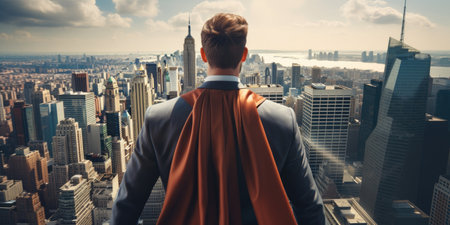 a man in a suit with a cape over his shoulder looking at a cityの素材