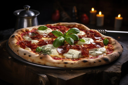 a pizza with basil leaves on topの素材