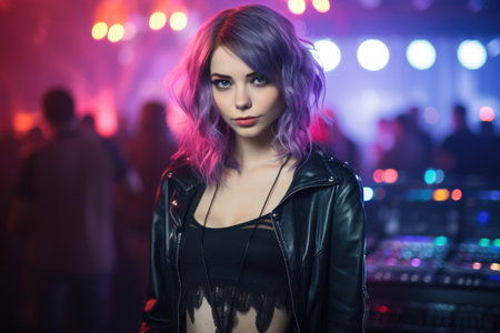 a woman with purple hair in a black jacketの素材