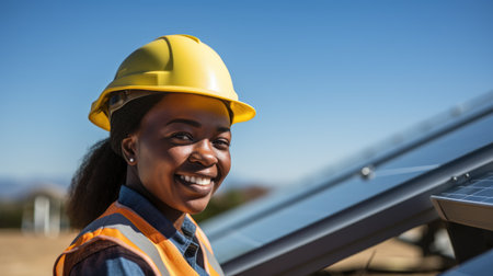 a woman wearing a hard hat and vest smilingの素材