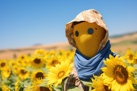 a person wearing a cloth and a scarf in a field of sunflowersの素材