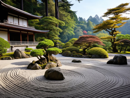 a zen garden with trees and a buildingの素材