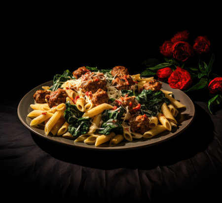 a plate of pasta with meatballs and cheeseの素材