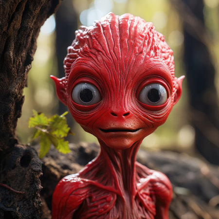 a red alien statue in the woodsの素材