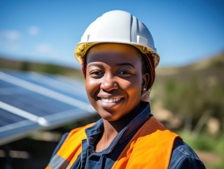 a woman wearing a hard hat and orange vestの素材