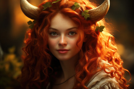 a woman with horns and leaves on her headの素材