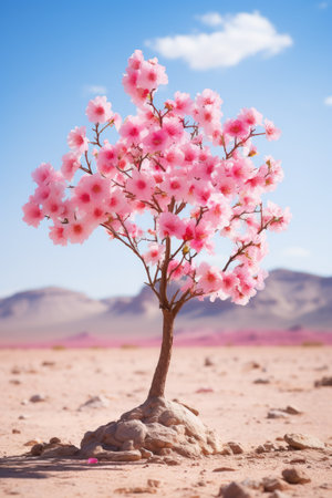 a tree with pink flowers in the desertの素材