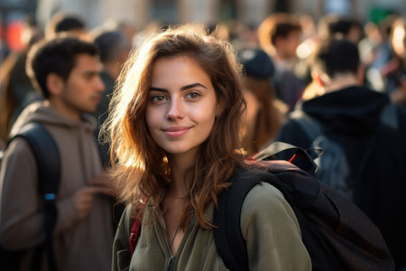 a woman with a backpack smilingの素材