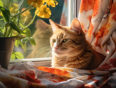a cat sitting on a blanket looking out a windowの素材