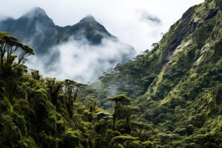a foggy mountain range with trees and mountainsの素材