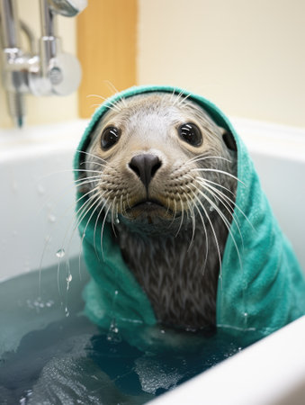 a seal in a bathtub with a towel on its headの素材