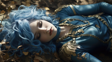 a woman lying down with blue hairの素材